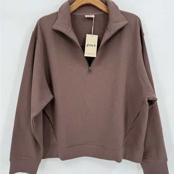 PACT Airplane Essential Terry Quarter Zip Sweatshirt in Deep Taupe Size XL NWT - Picture 10 of 11